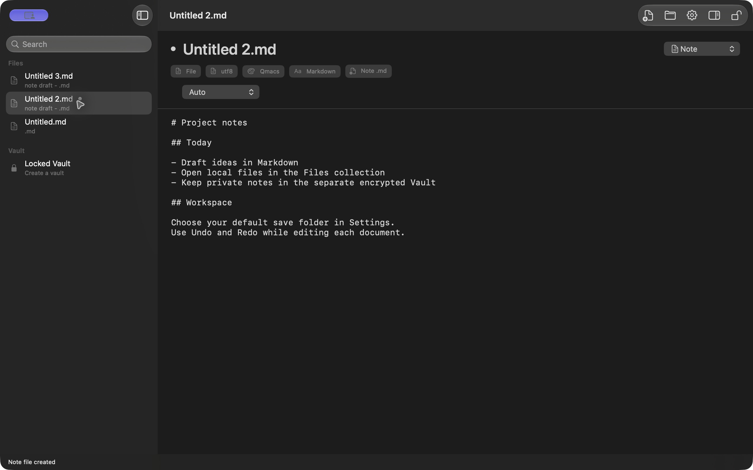 Qmacs Editor 0.2.0 with three Markdown documents in the Files sidebar and the Vault locked separately