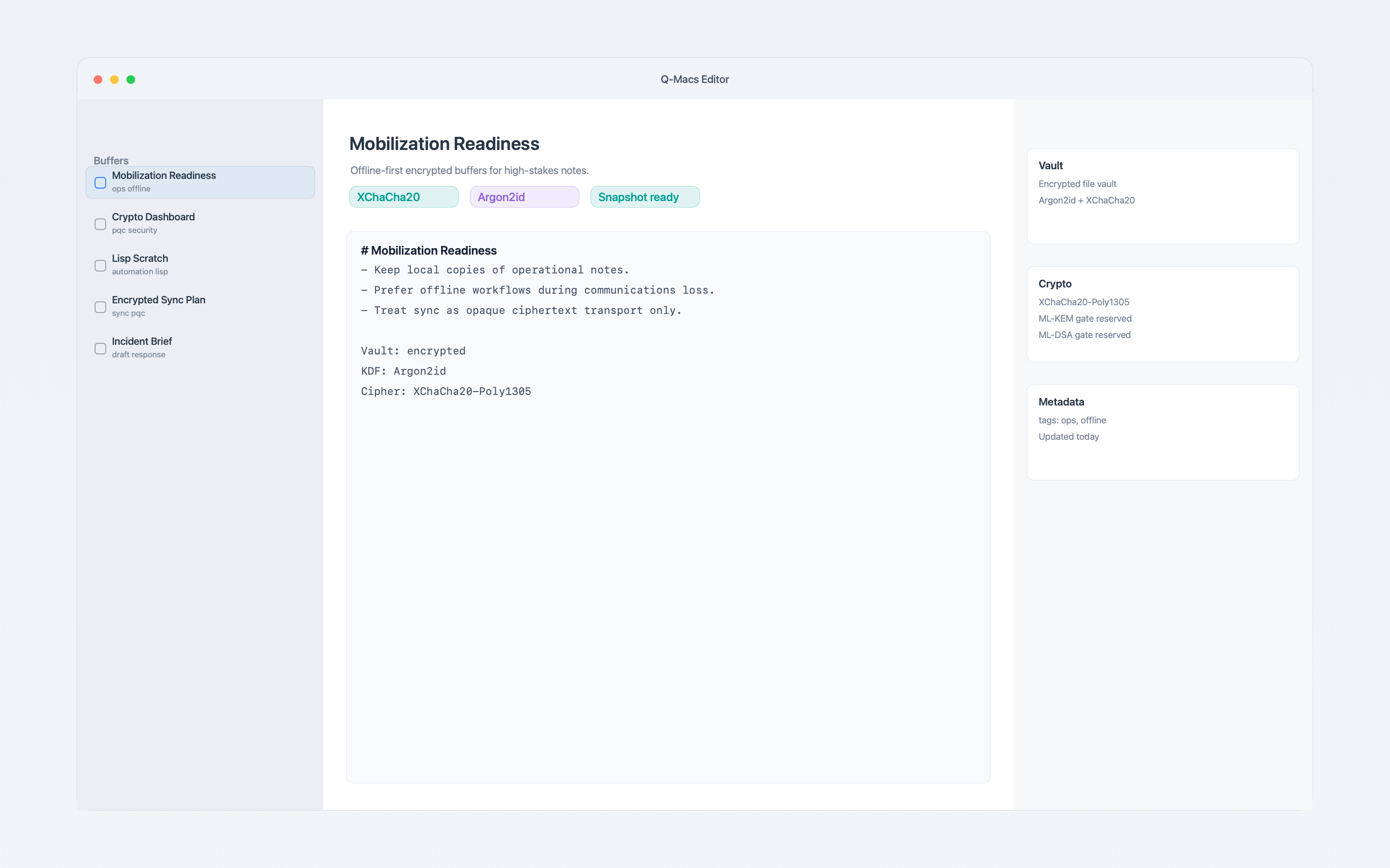 Qmacs Editor showing encrypted workspace buffers